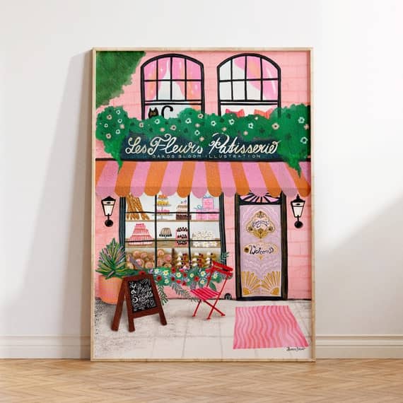 Pink Bakery Art Print showing the Les Fleurs Pâtisserie storefront