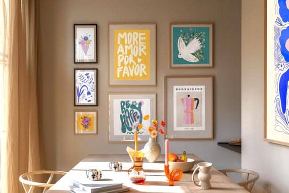 Bright Gallery Wall Art Set styled as a colourful gallery wall above a dining table