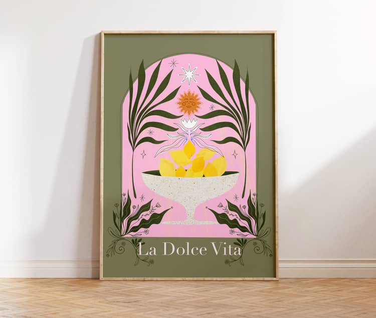 La Dolce Vita printable wall art framed in a sunlit room